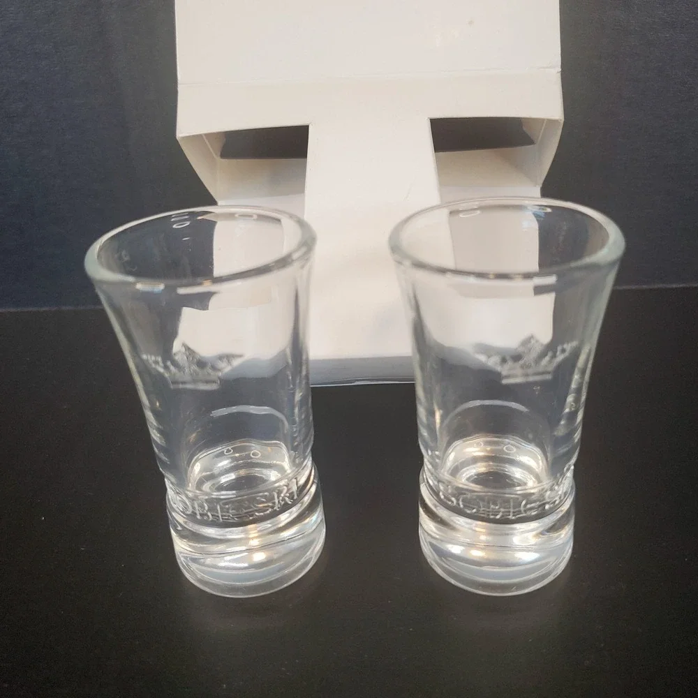 Set Of 2 Sobieski Polish Vodka Shot Glasses Embossed Crown Logo Barware